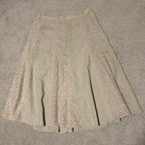 Coldwater Creek Womens Linen Blend A-Line Knee Skirt Beige Tan Lace Pleat, Sz XL